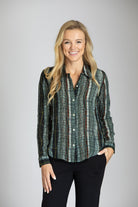 Squiggle Shadow Plaid Print - Button-up Top With Roll-up Tab Sleeve APNY