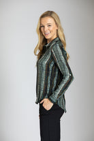 Squiggle Shadow Plaid Print - Button-up Top With Roll-up Tab Sleeve APNY