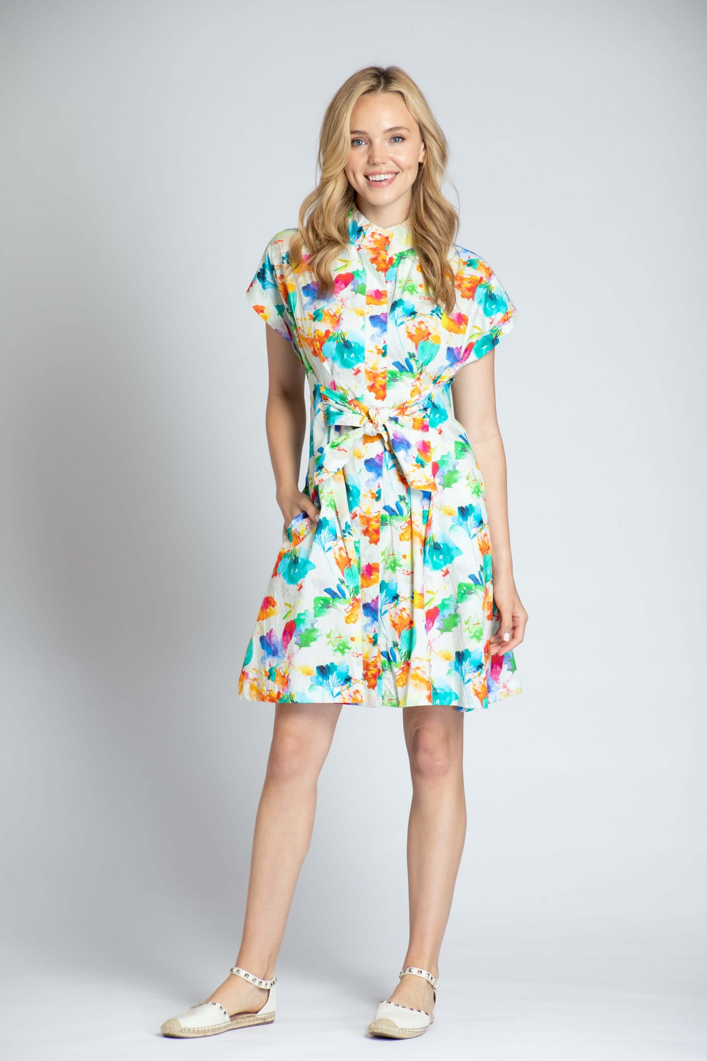 Abstract Bloom Print - Short Sleeve Shirt Dress With Self Tie