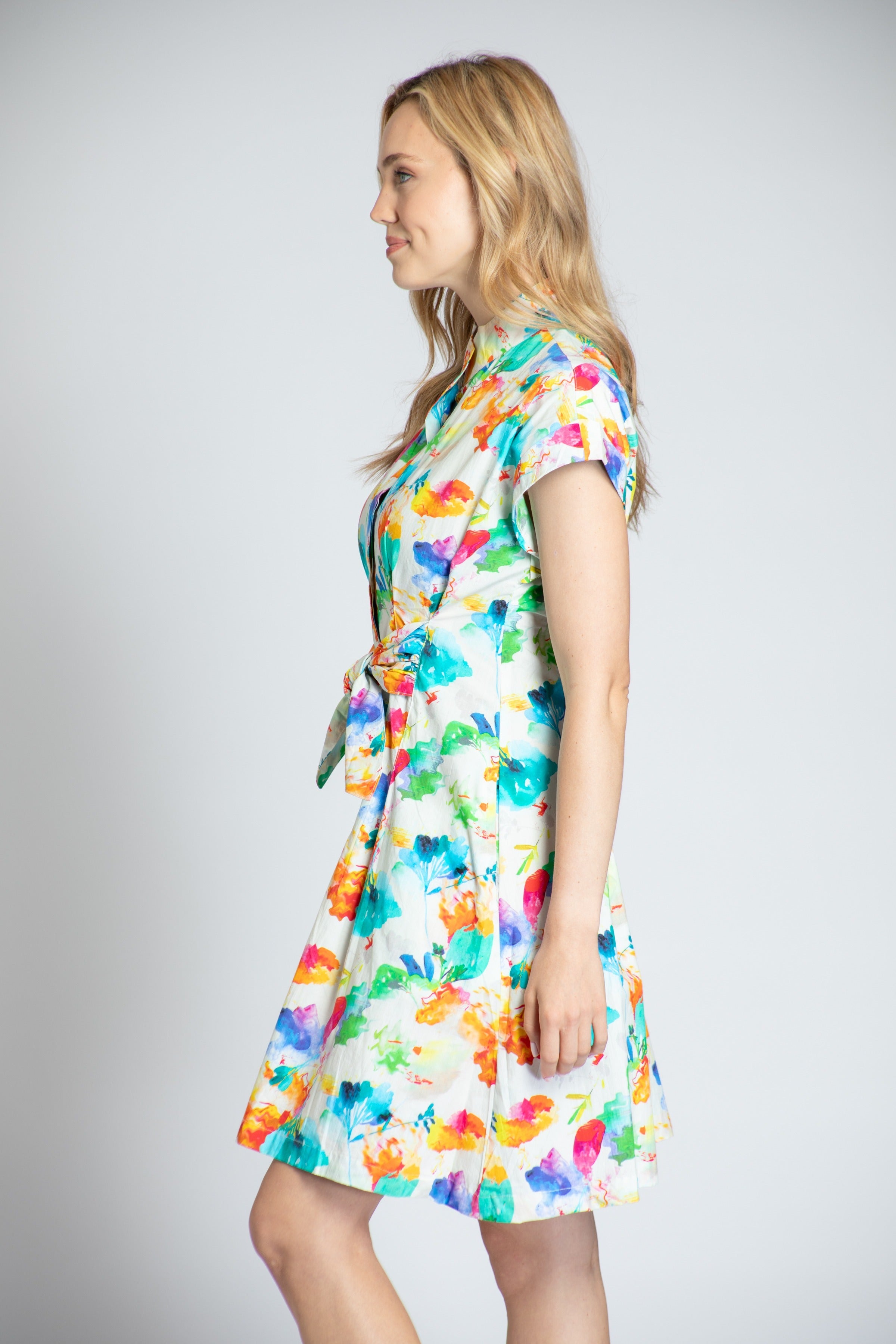 Abstract Bloom Print - Short Sleeve Shirt Dress With Self Tie