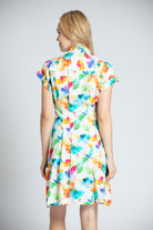 Abstract Bloom Print - Short Sleeve Shirt Dress With Self Tie