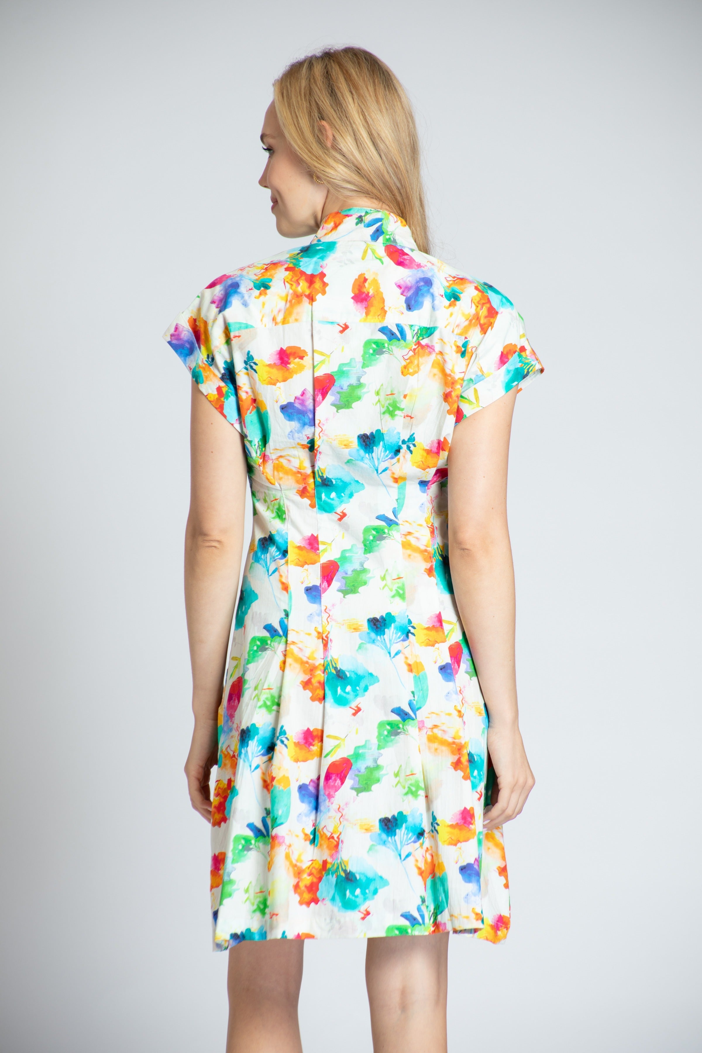 Abstract Bloom Print - Short Sleeve Shirt Dress With Self Tie