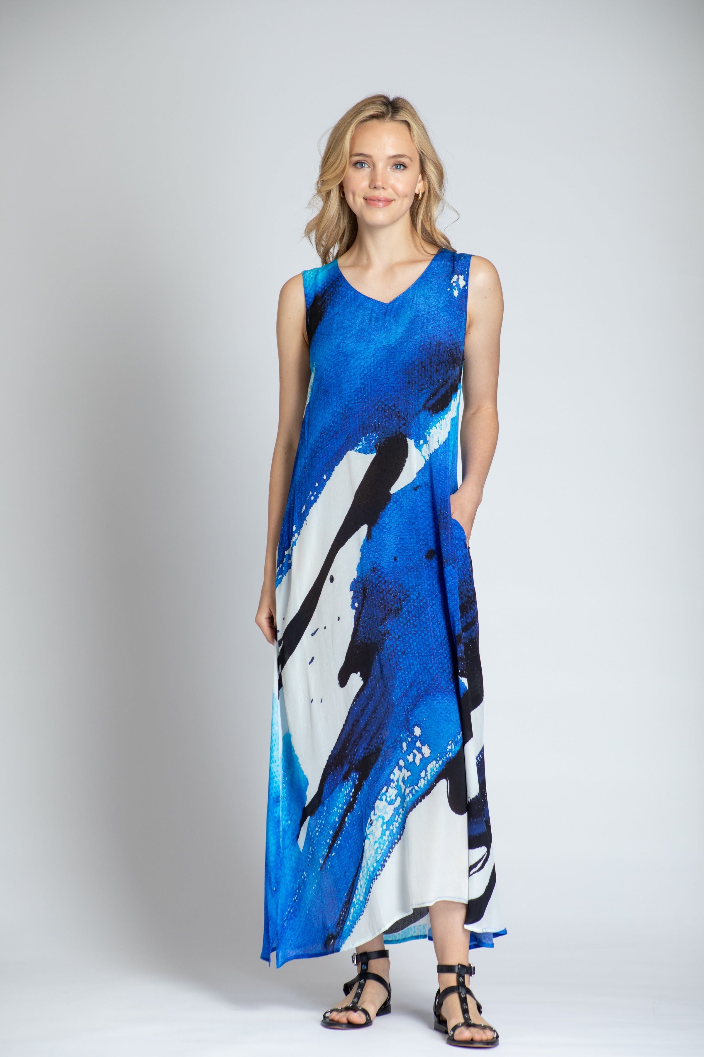 Blue & White Abstract Print - V-neck Tank Long Dress