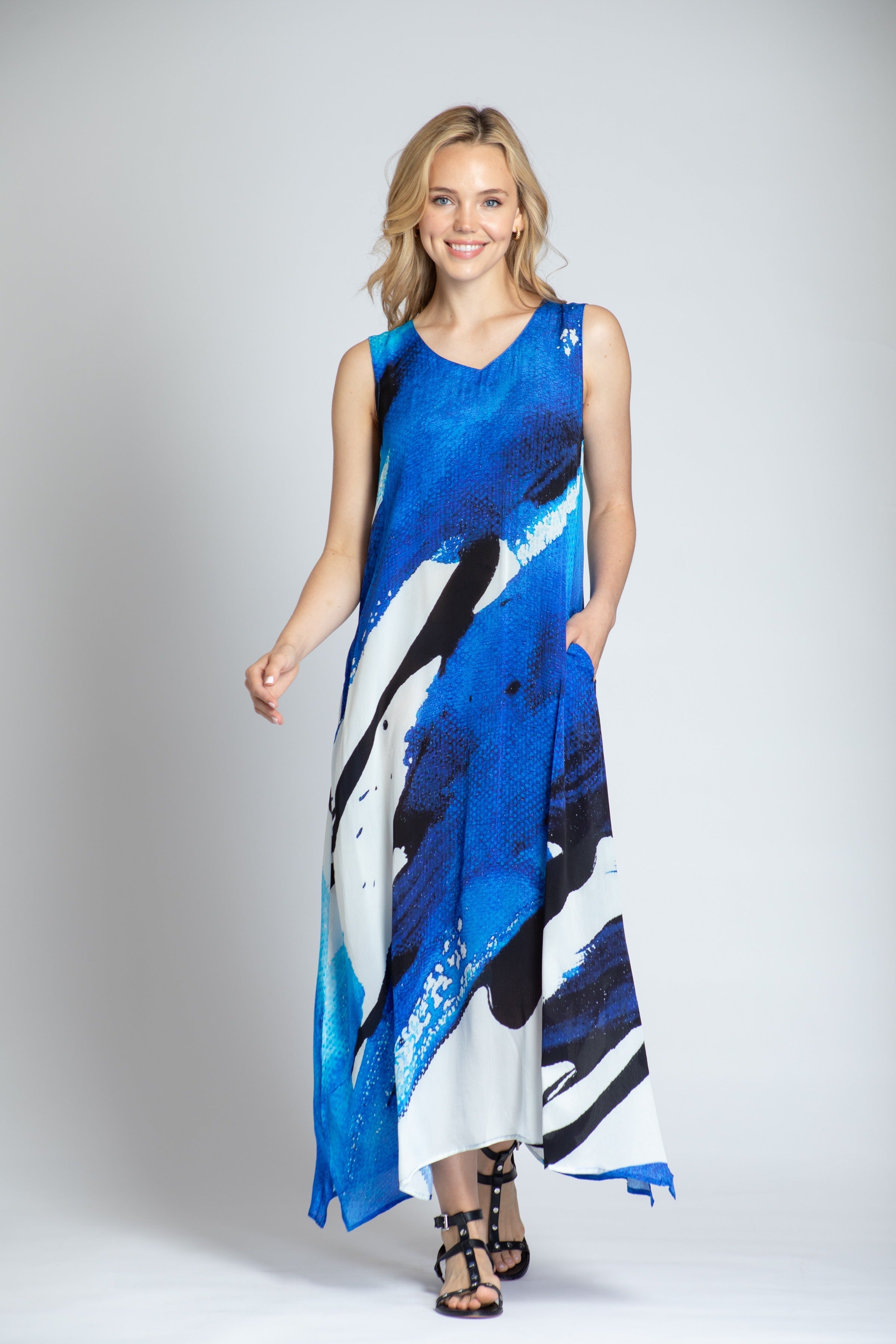 Blue & White Abstract Print - V-neck Tank Long Dress