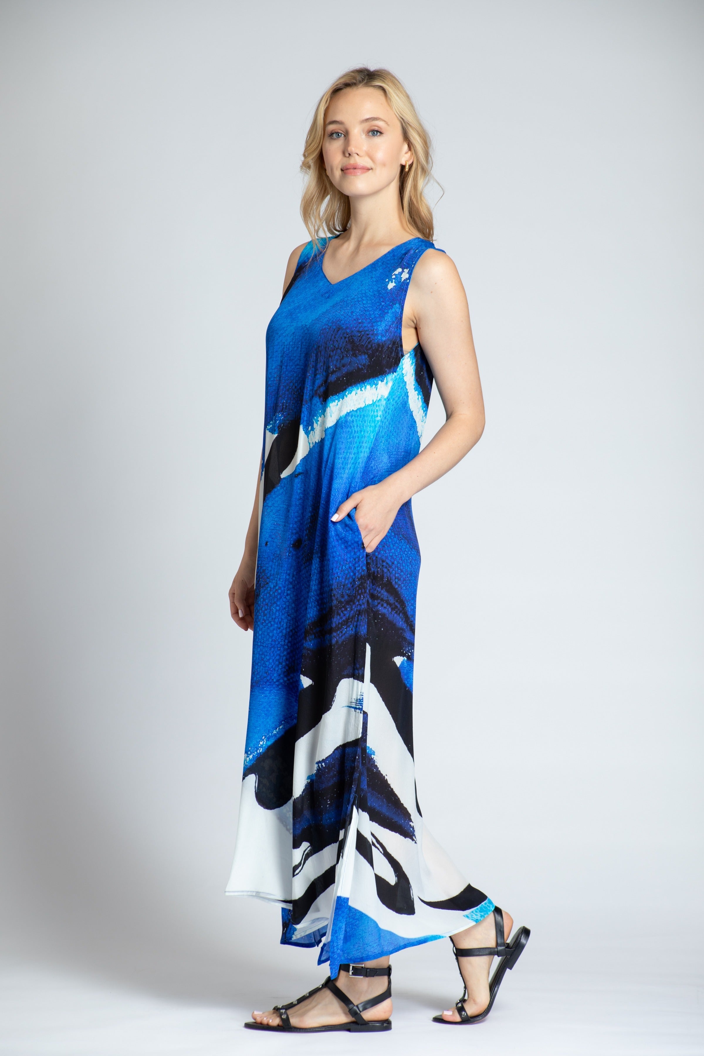 Blue & White Abstract Print - V-neck Tank Long Dress