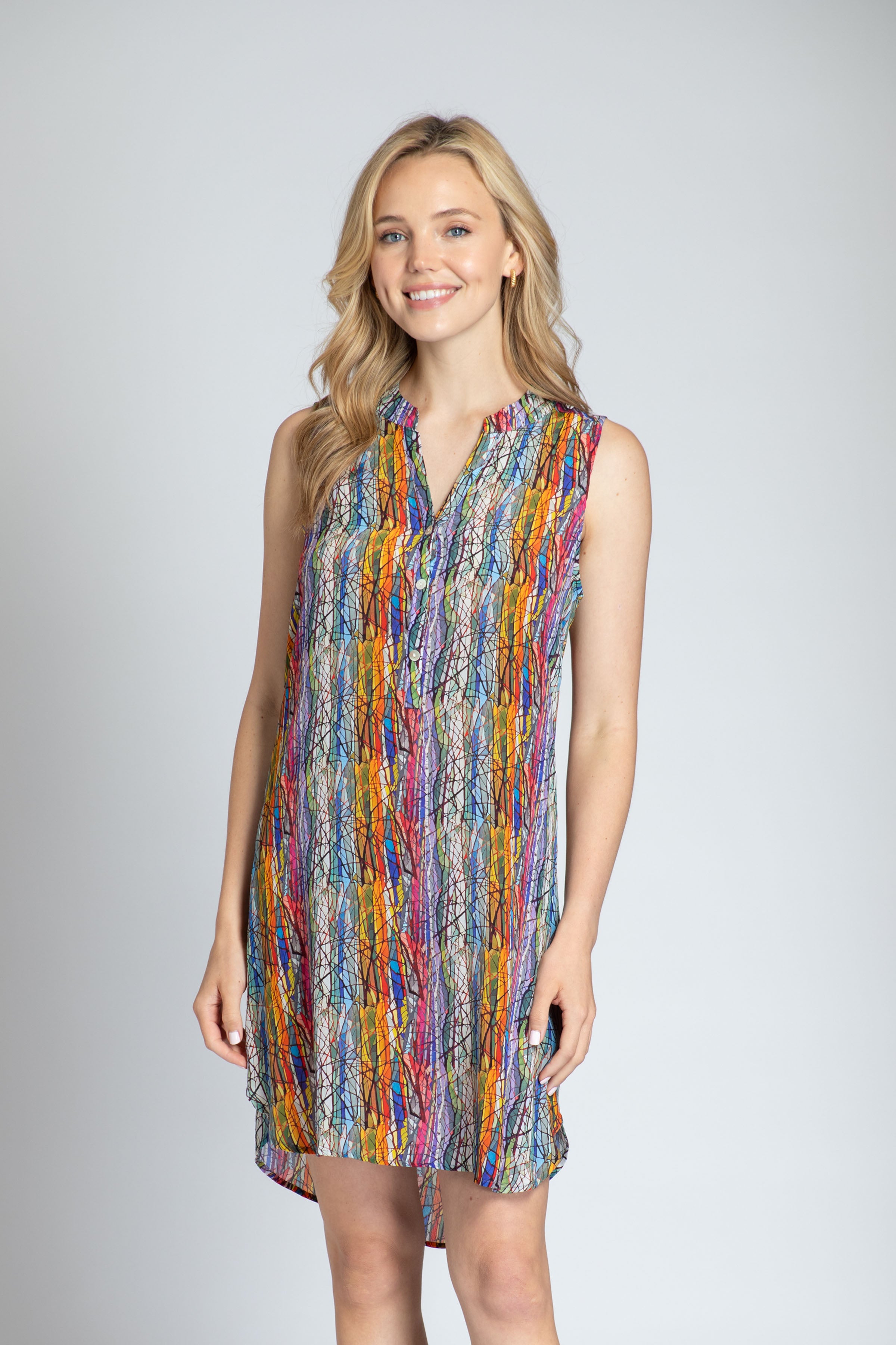 Kaleidoscope Tree Print - Sleeveless 1/2 Button-up Dress