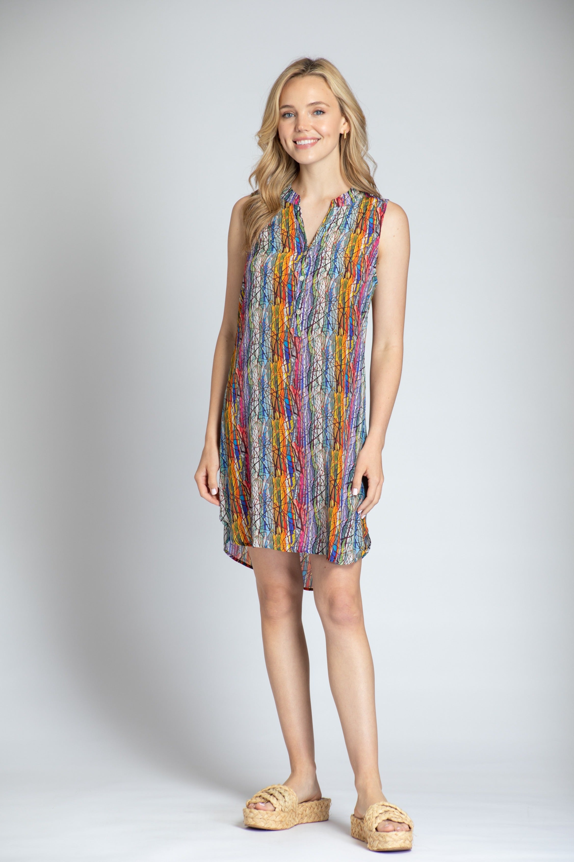 Kaleidoscope Tree Print - Sleeveless 1/2 Button-up Dress