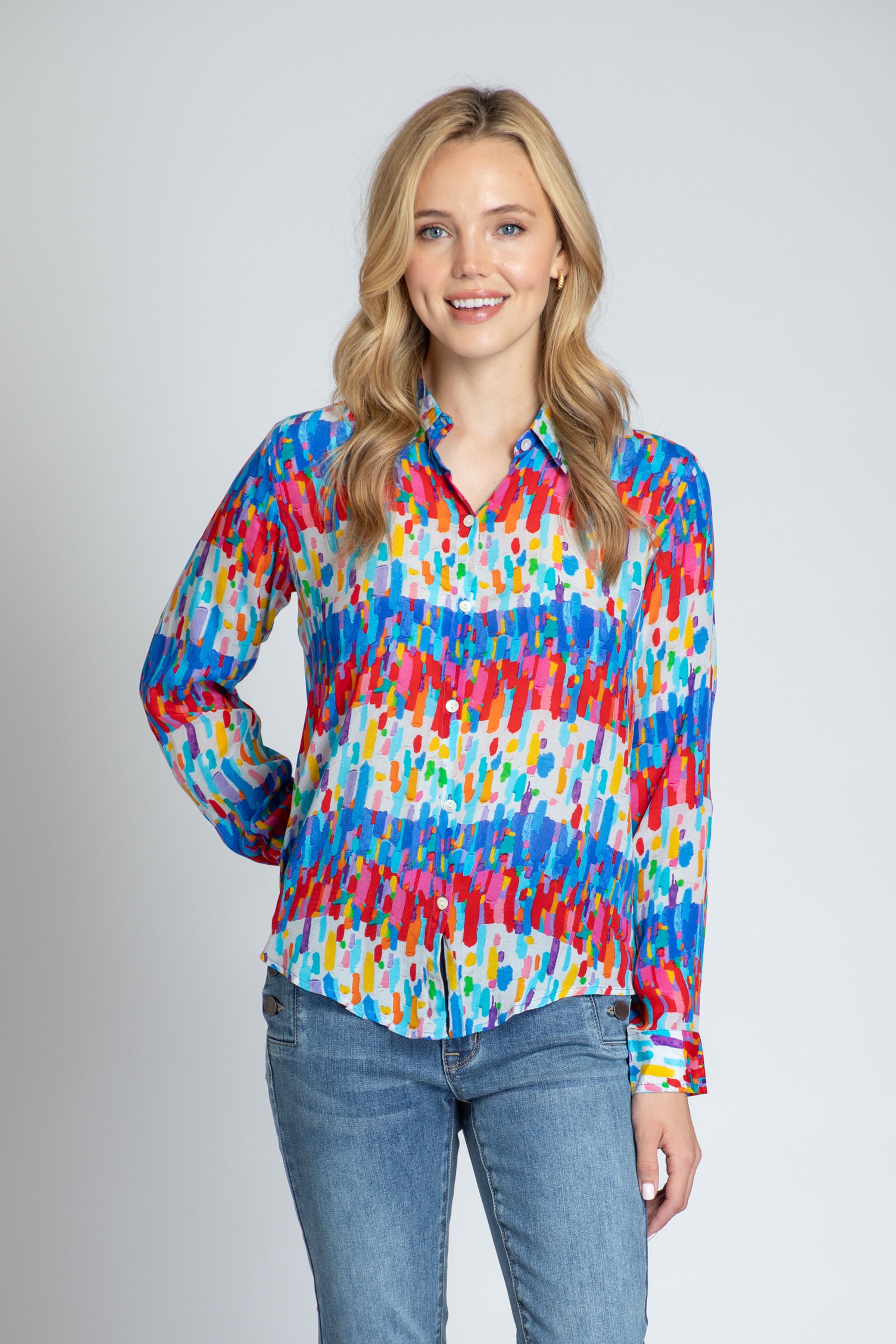 Multicolor Horizontal/ Vertical Brushes Print - Button-up With Roll-up Sleeve