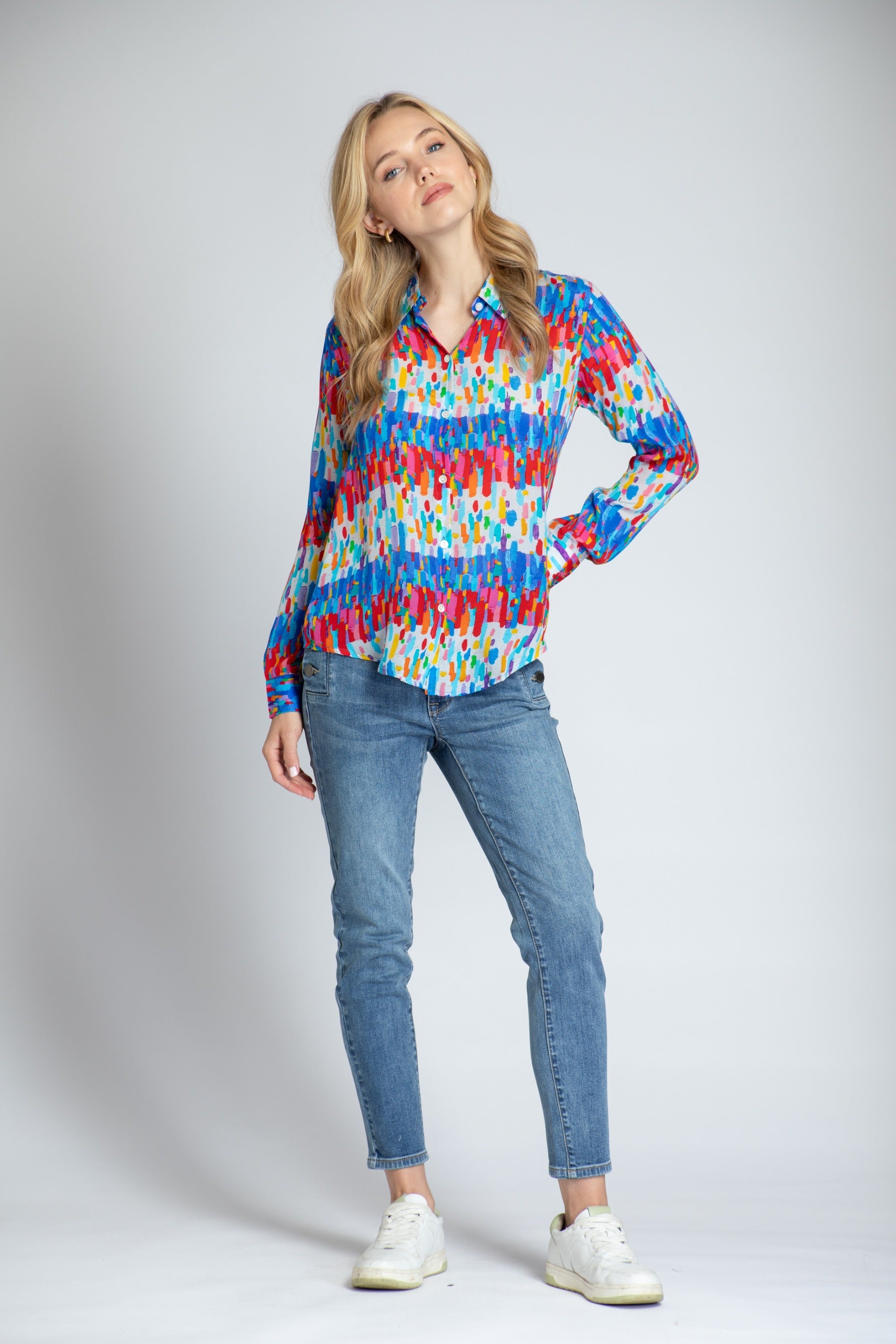 Multicolor Horizontal/ Vertical Brushes Print - Button-up With Roll-up Sleeve