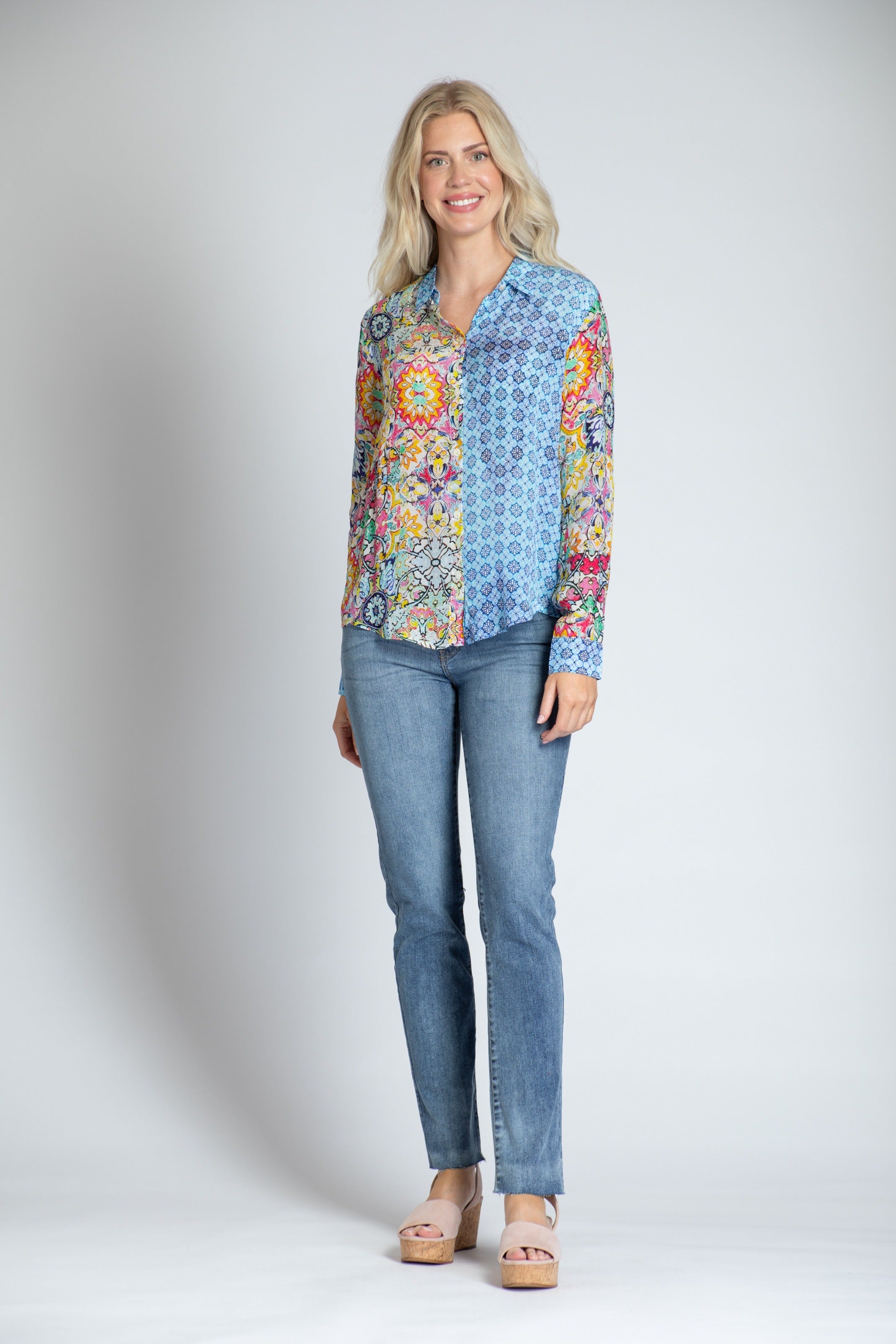 Mixed Pattern Printed Blouse - Button-up With Roll-up Sleeve