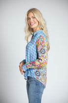 Mixed Pattern Printed Blouse - Button-up With Roll-up Sleeve