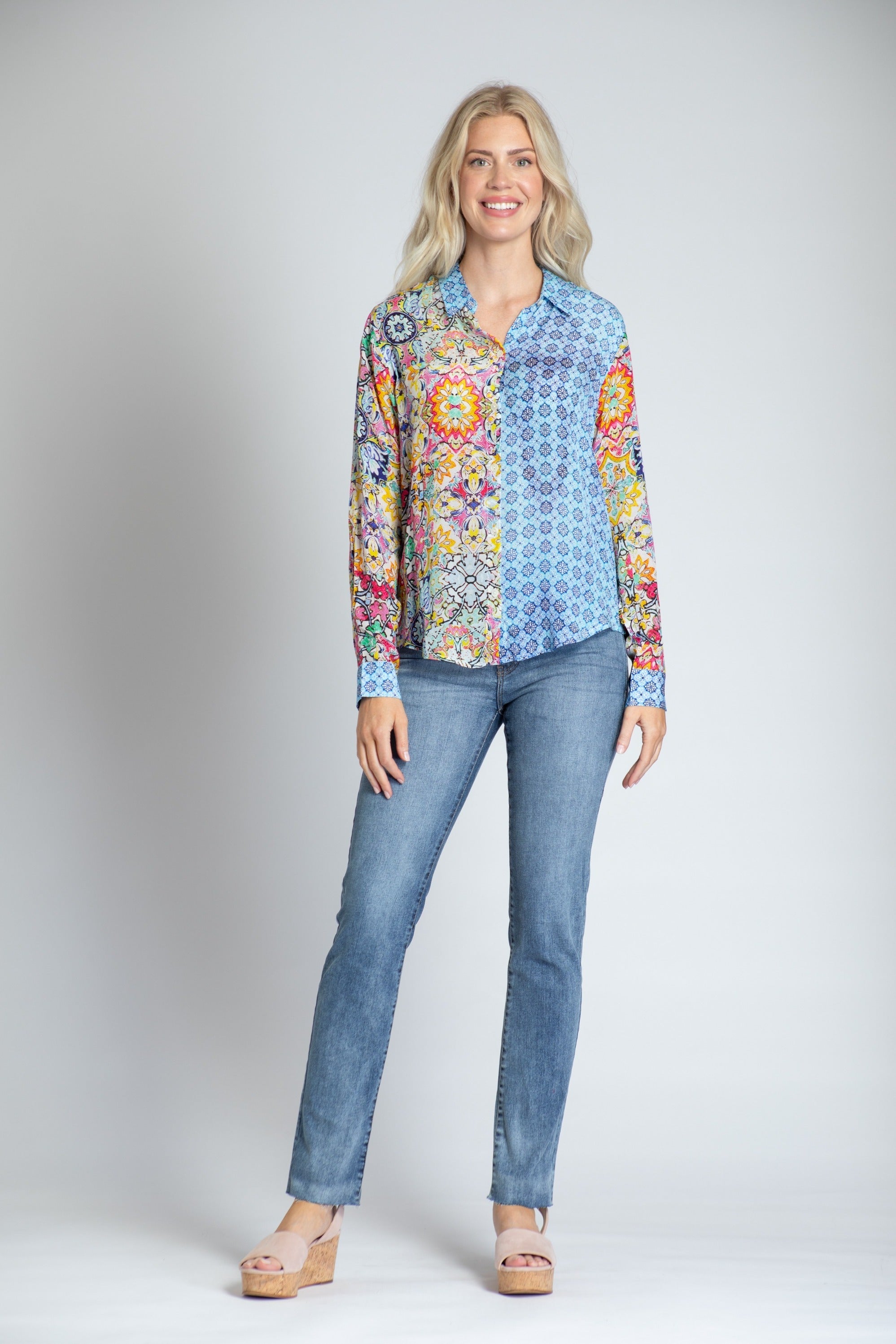 Mixed Pattern Printed Blouse - Button-up With Roll-up Sleeve