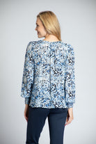 Blue Leopard Print Pullover With Smocked Cuff