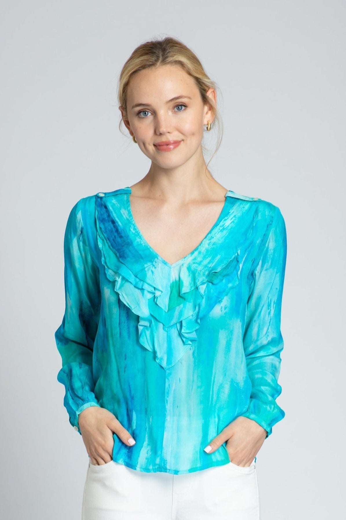 Ethereal Blue Watercolor Print Ruffle V-neck Blouse