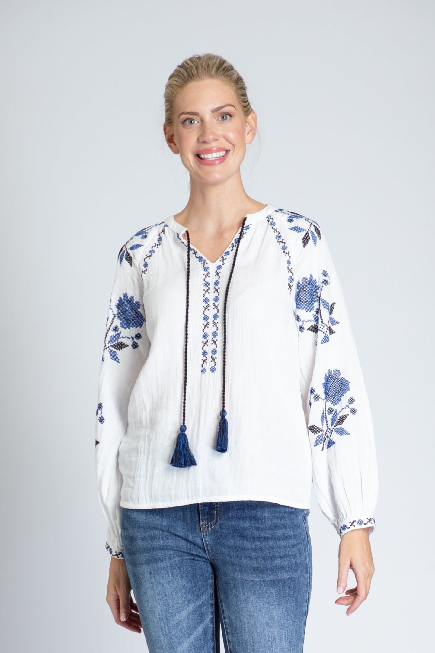 Embroidered Sleeve Top With Split Neck