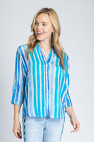 Blue Lagoon Stripe Print - 3/4 Sleeve Mandarin Collar Button-up