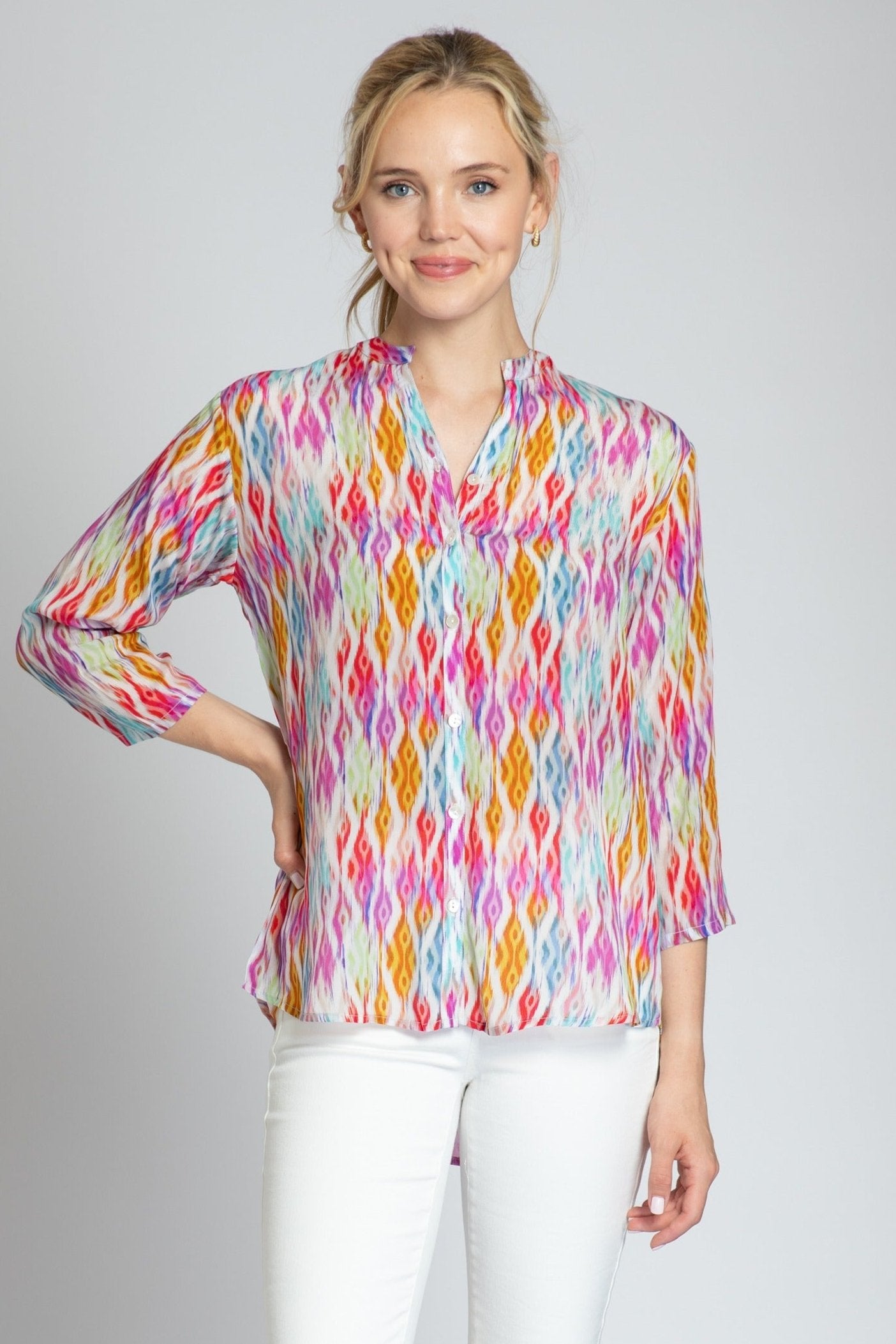 Multicolor Ikat Print - 3/4 Sleeve Mandarin Collar Button-up