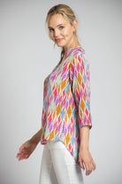 Multicolor Ikat Print - 3/4 Sleeve Mandarin Collar Button-up