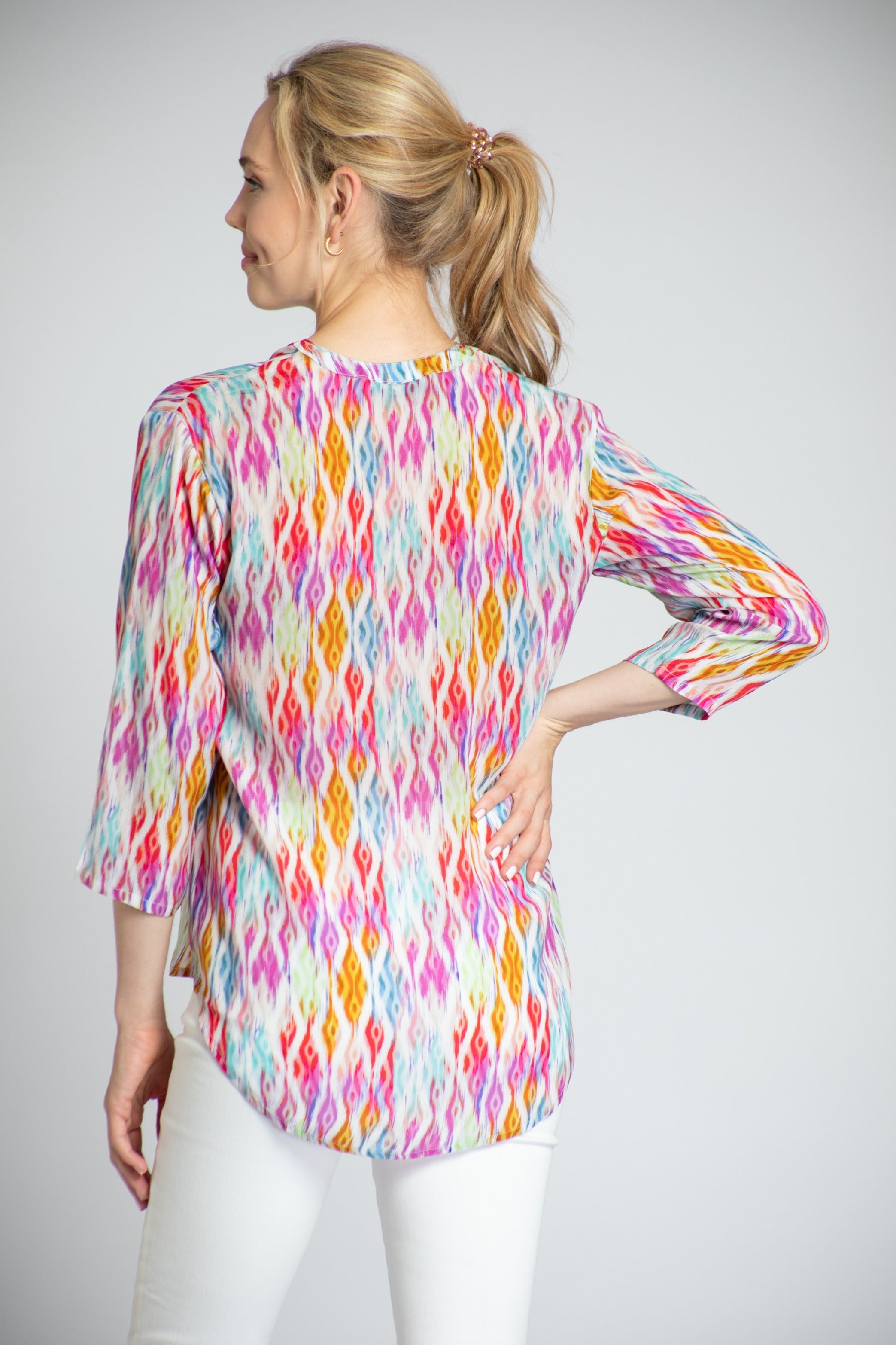 Multicolor Ikat Print - 3/4 Sleeve Mandarin Collar Button-up