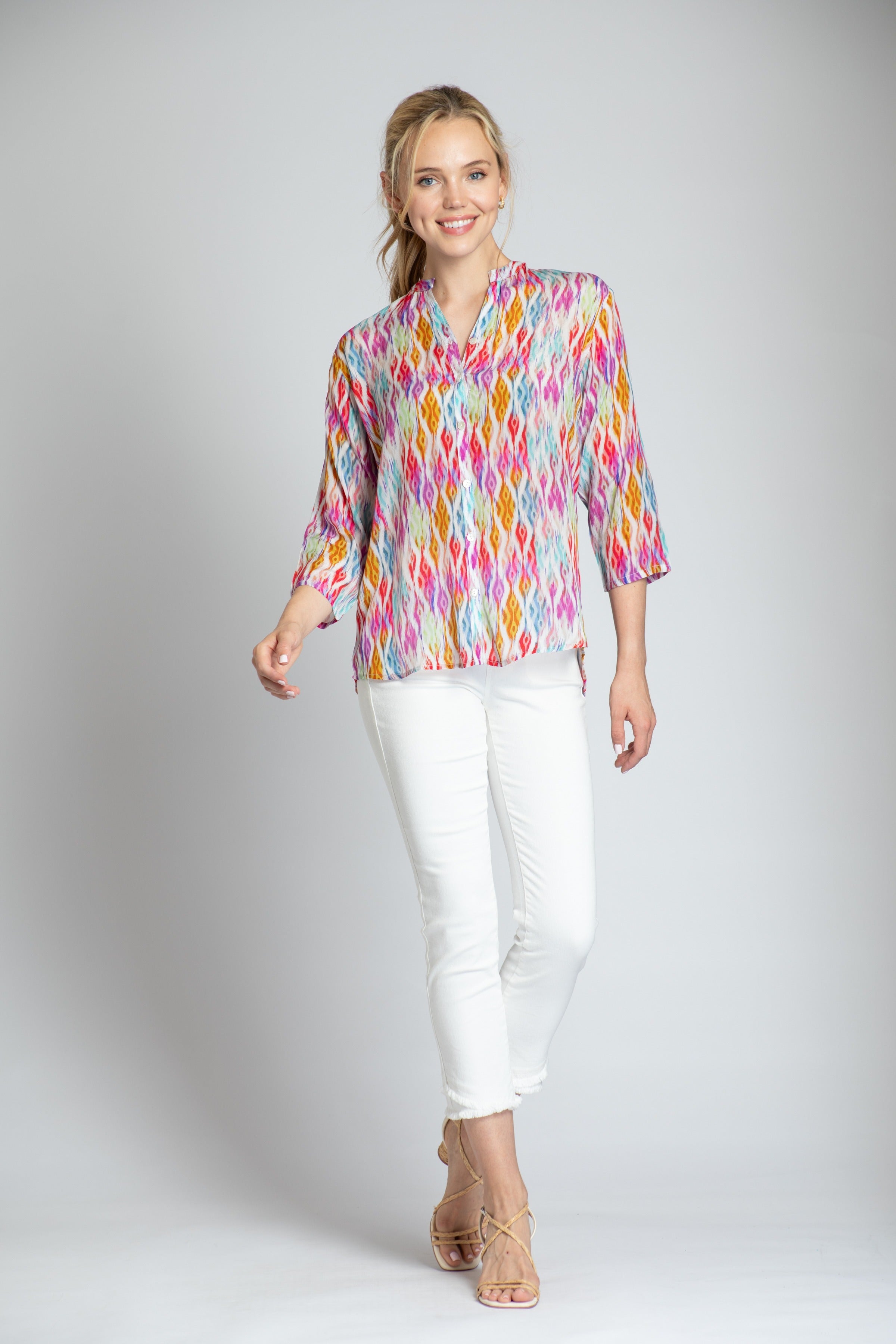 Multicolor Ikat Print - 3/4 Sleeve Mandarin Collar Button-up