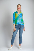 Blue/Lime Ombre Print - Crossover Top With Tassel