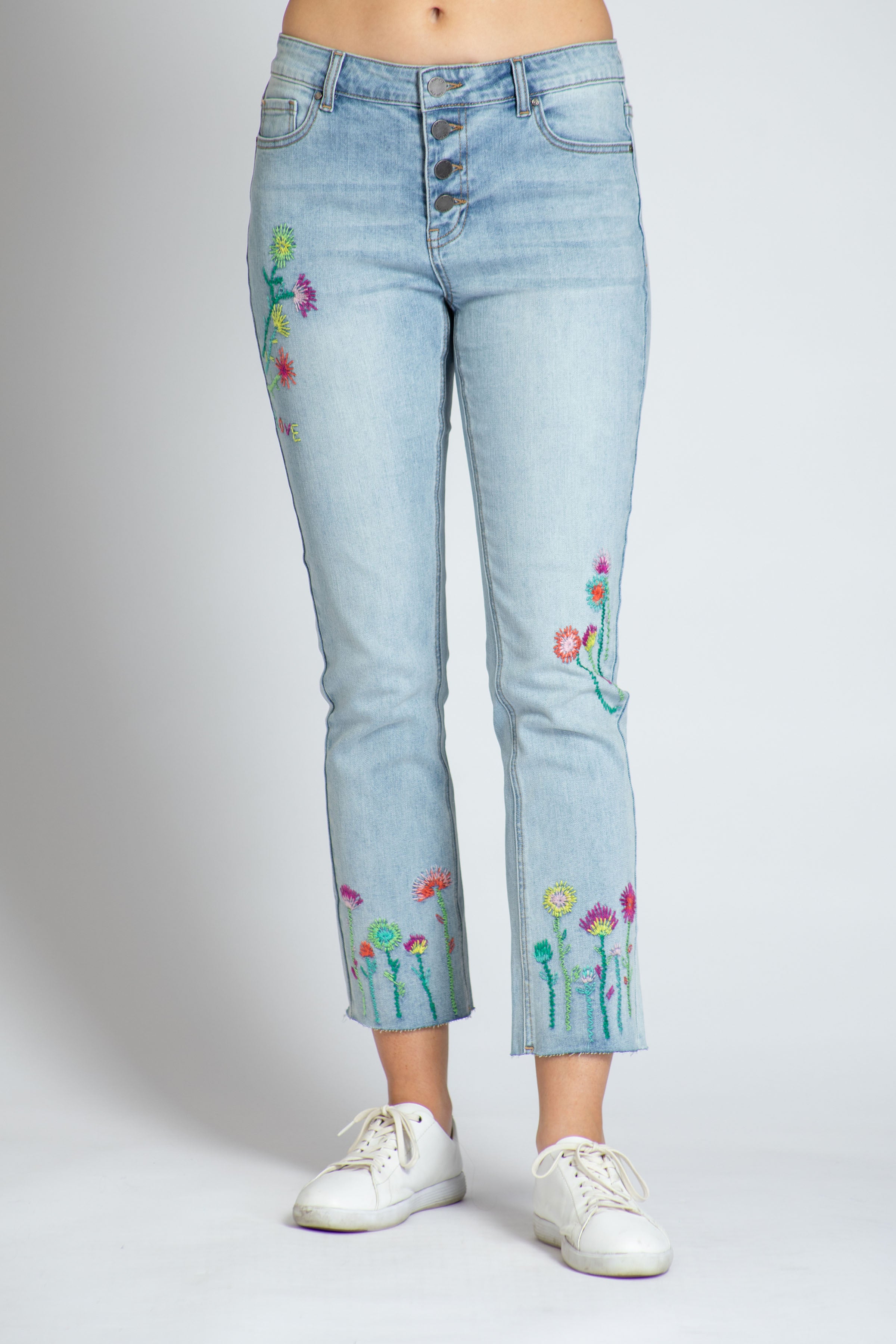 Floral Embroidered Straight Leg Jean - Medium Indigo