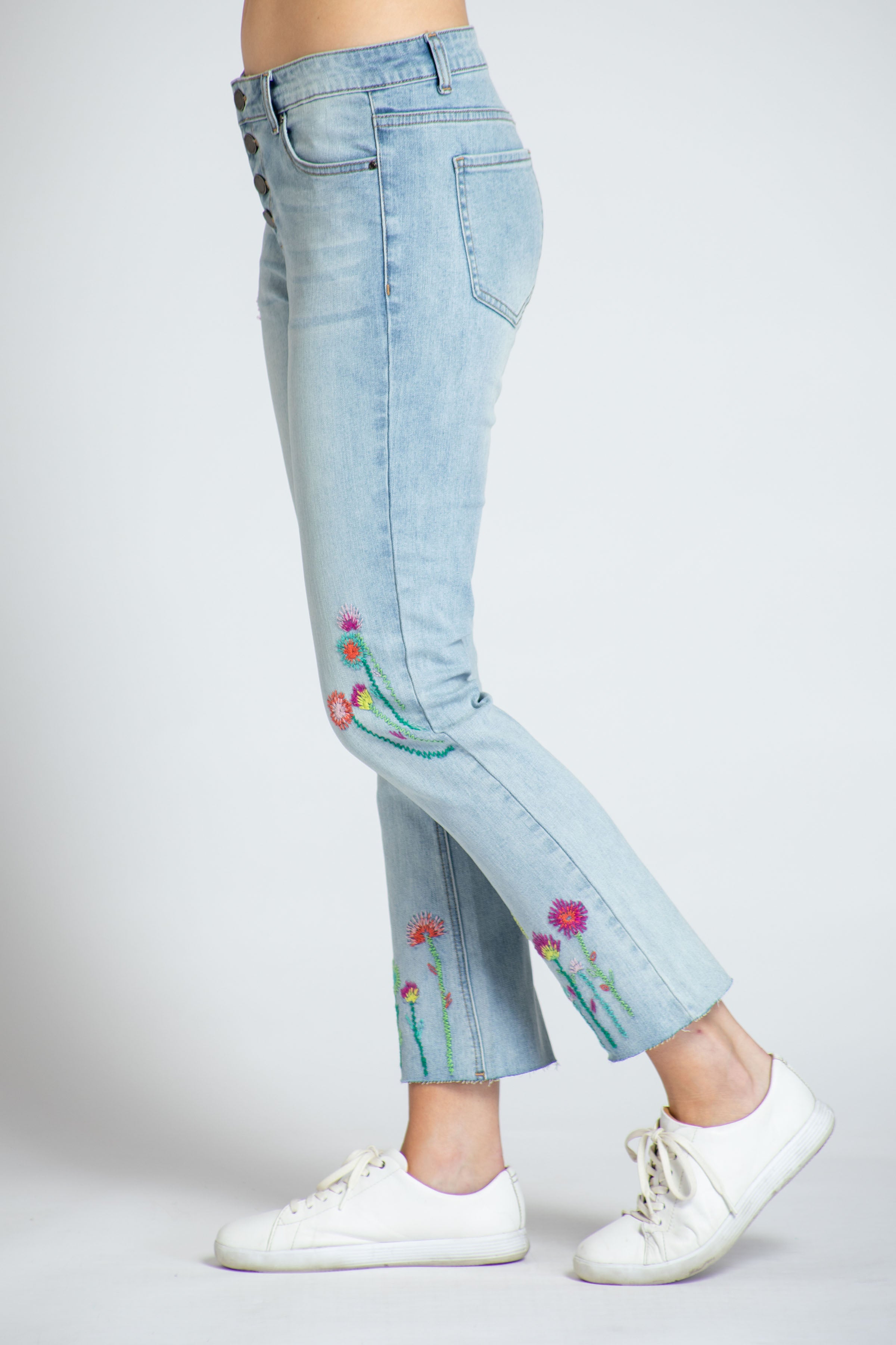 Floral Embroidered Straight Leg Jean - Medium Indigo