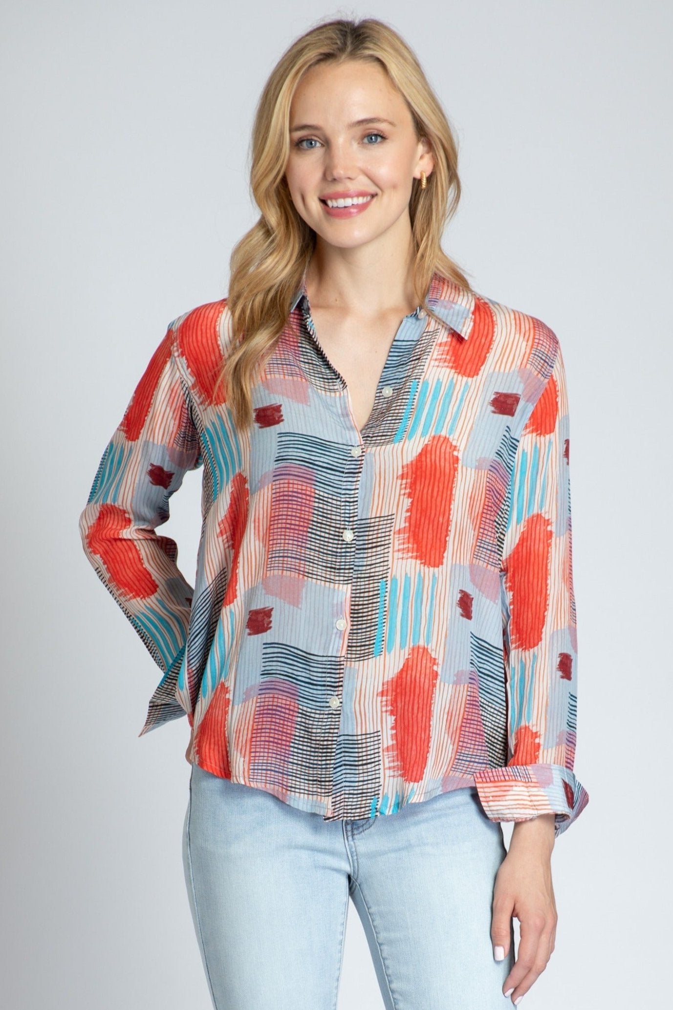 Multicolor Geo Square With Strokes Print - Button-up With Roll-up Sleeve