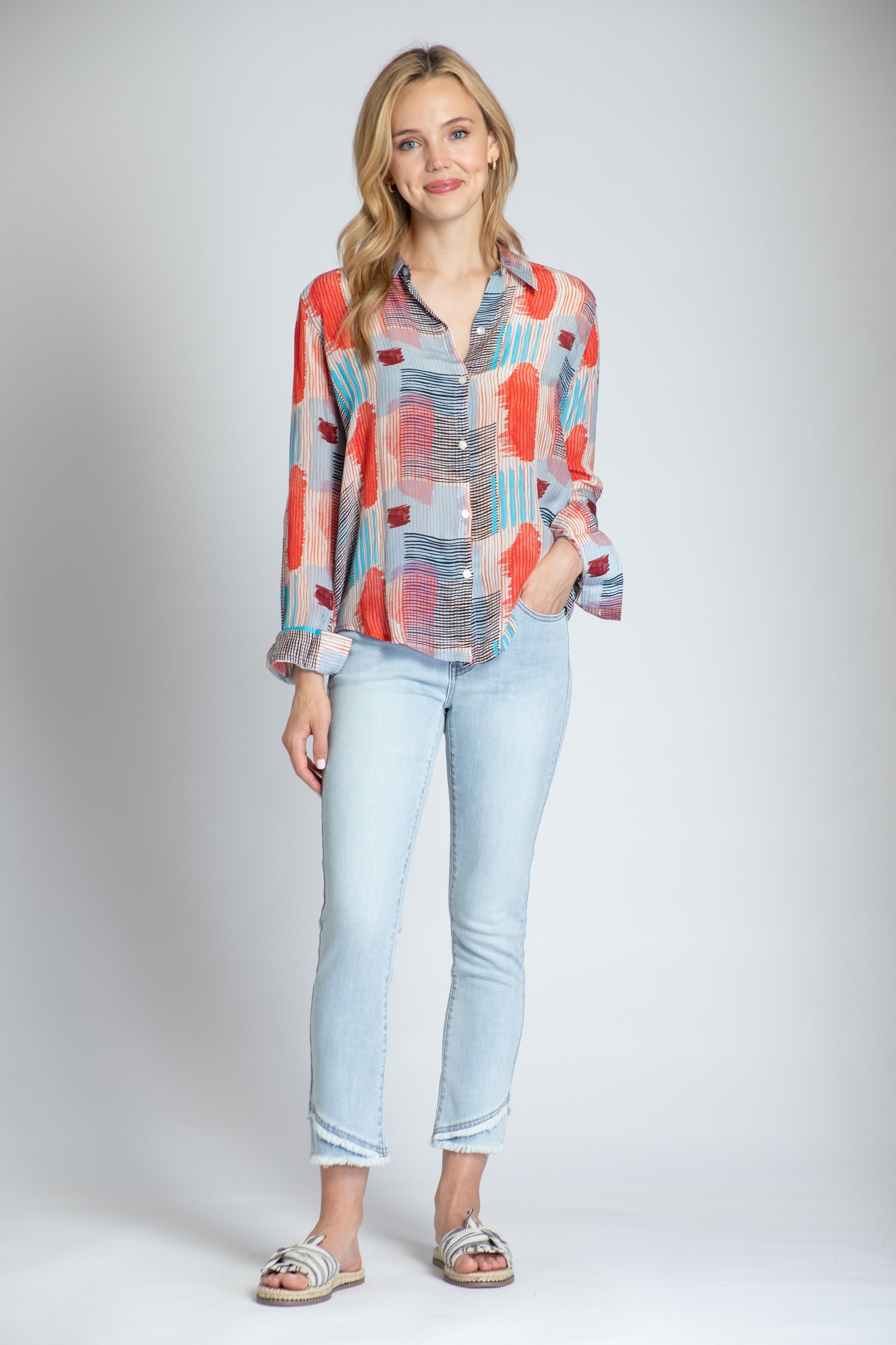 Multicolor Geo Square With Strokes Print - Button-up With Roll-up Sleeve