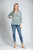 Modern Paisley Print - 3/4 Sleeve Mandarin Collar Button-up