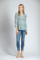 Modern Paisley Print - 3/4 Sleeve Mandarin Collar Button-up