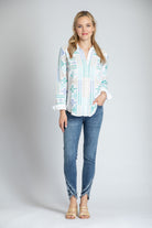 Button-up Blouse With Bursts Of Geometric Embroidery - White Multi