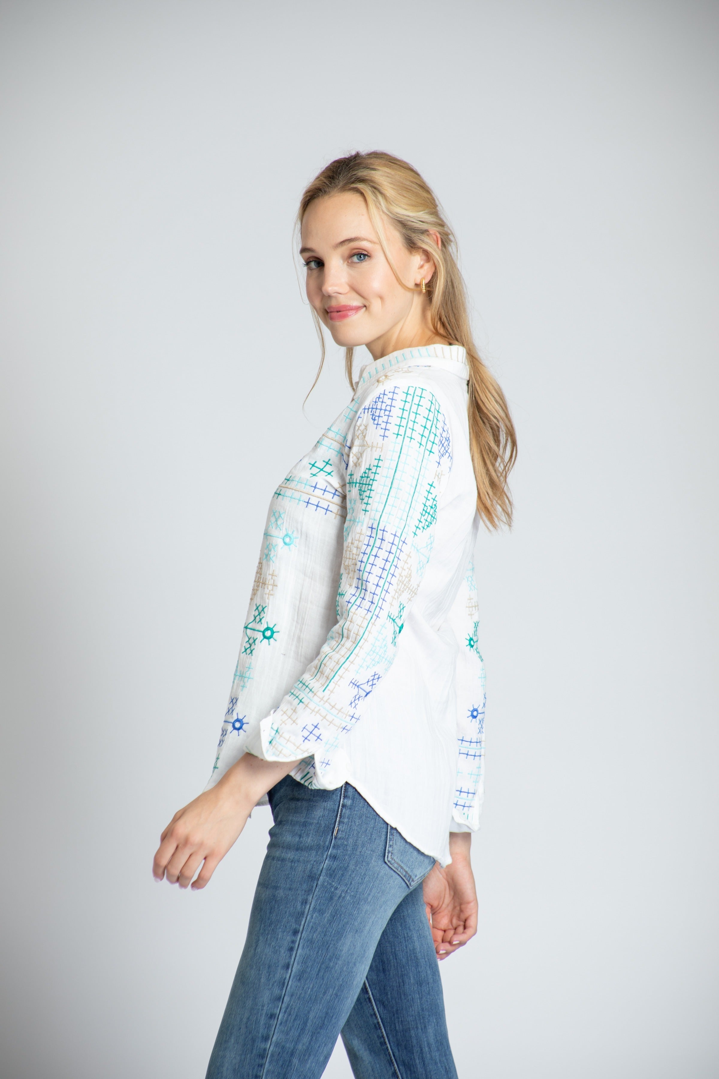 Button-up Blouse With Bursts Of Geometric Embroidery - White Multi