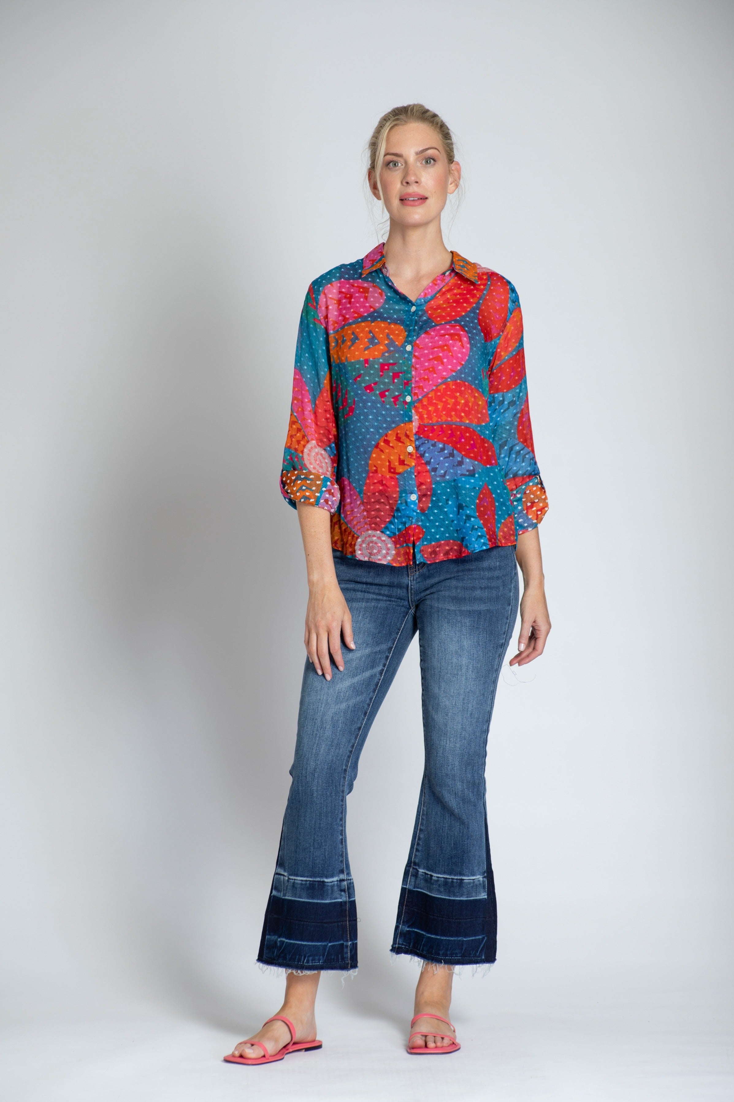 Multi-color Flattened Floral Print - Button-up Top With Roll-up Tab Sleeve