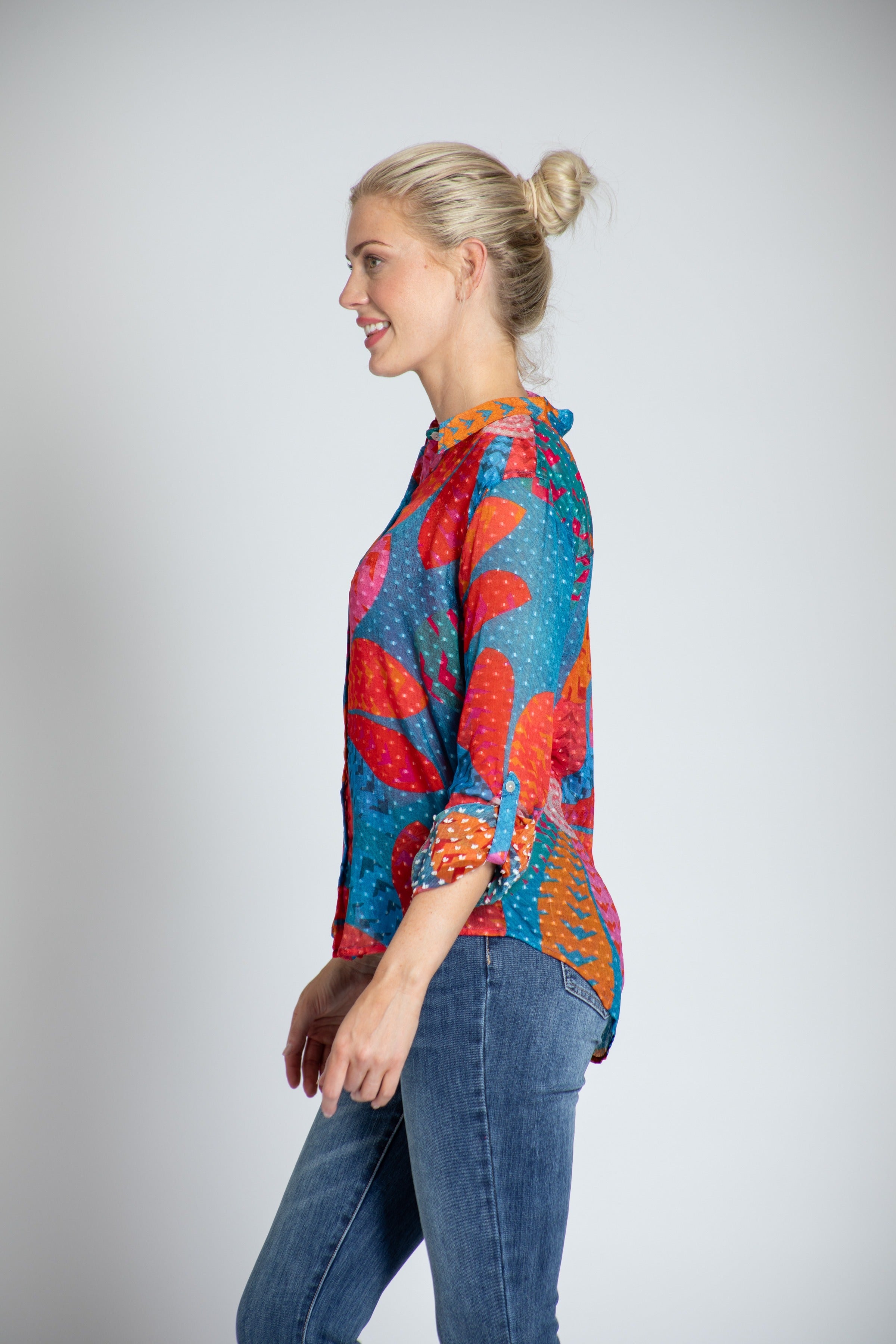 Multi-color Flattened Floral Print - Button-up Top With Roll-up Tab Sleeve