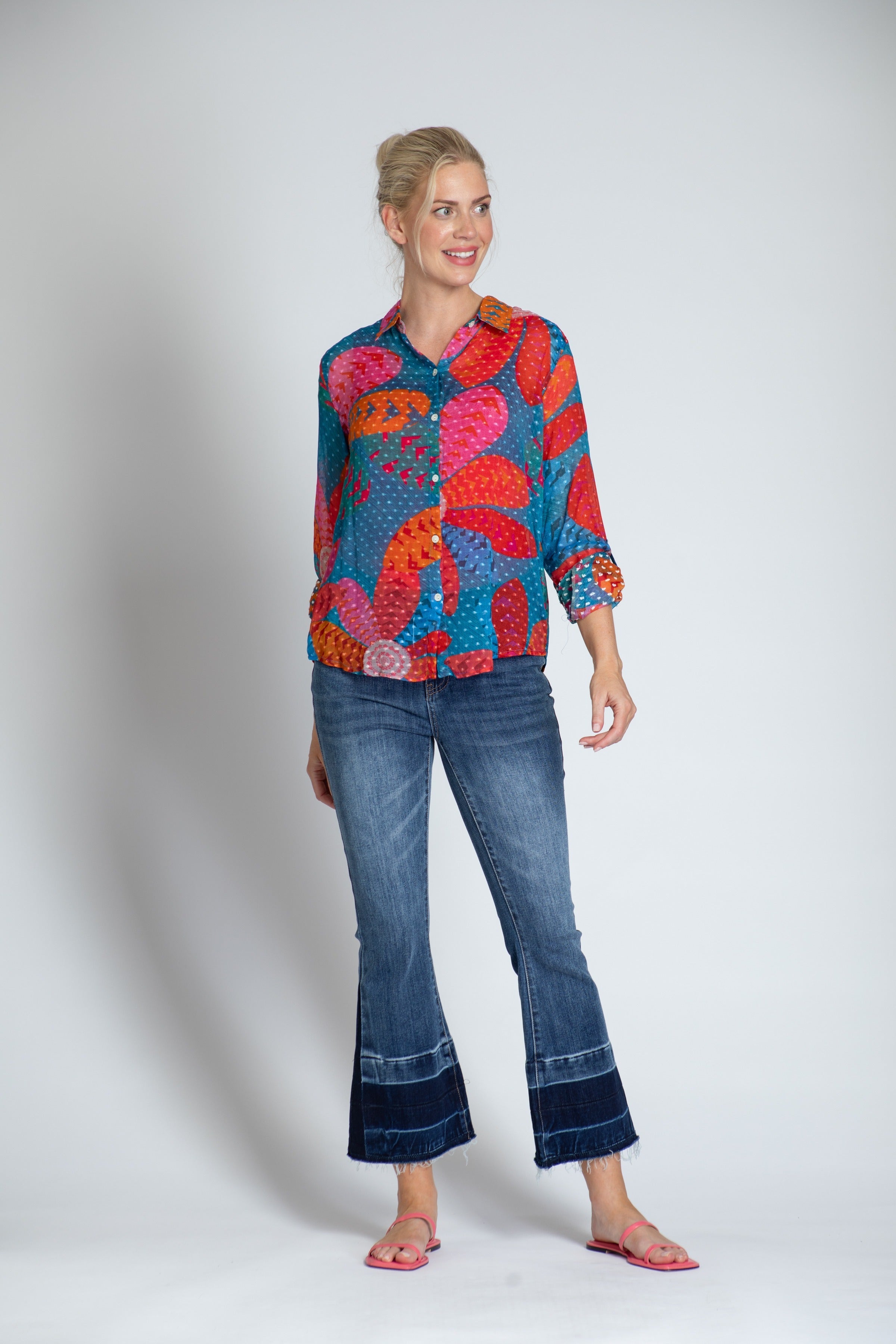 Multi-color Flattened Floral Print - Button-up Top With Roll-up Tab Sleeve