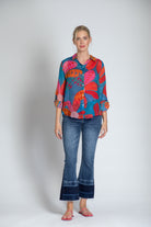 Multi-color Flattened Floral Print - Button-up Top With Roll-up Tab Sleeve