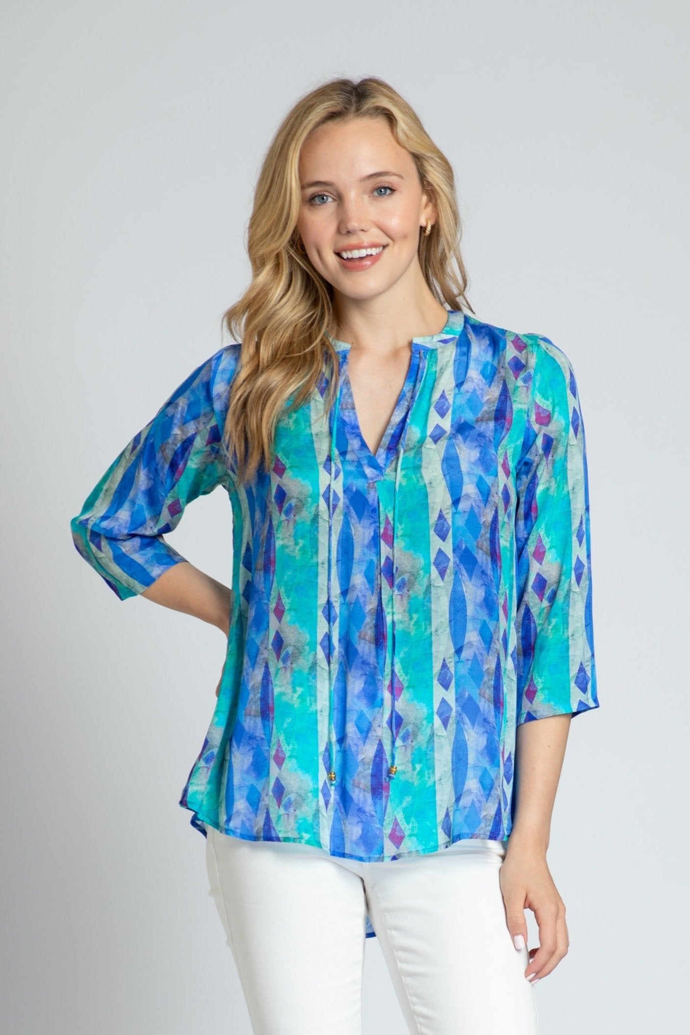 Layered Rhombus Stripe - V-neck With Tassel