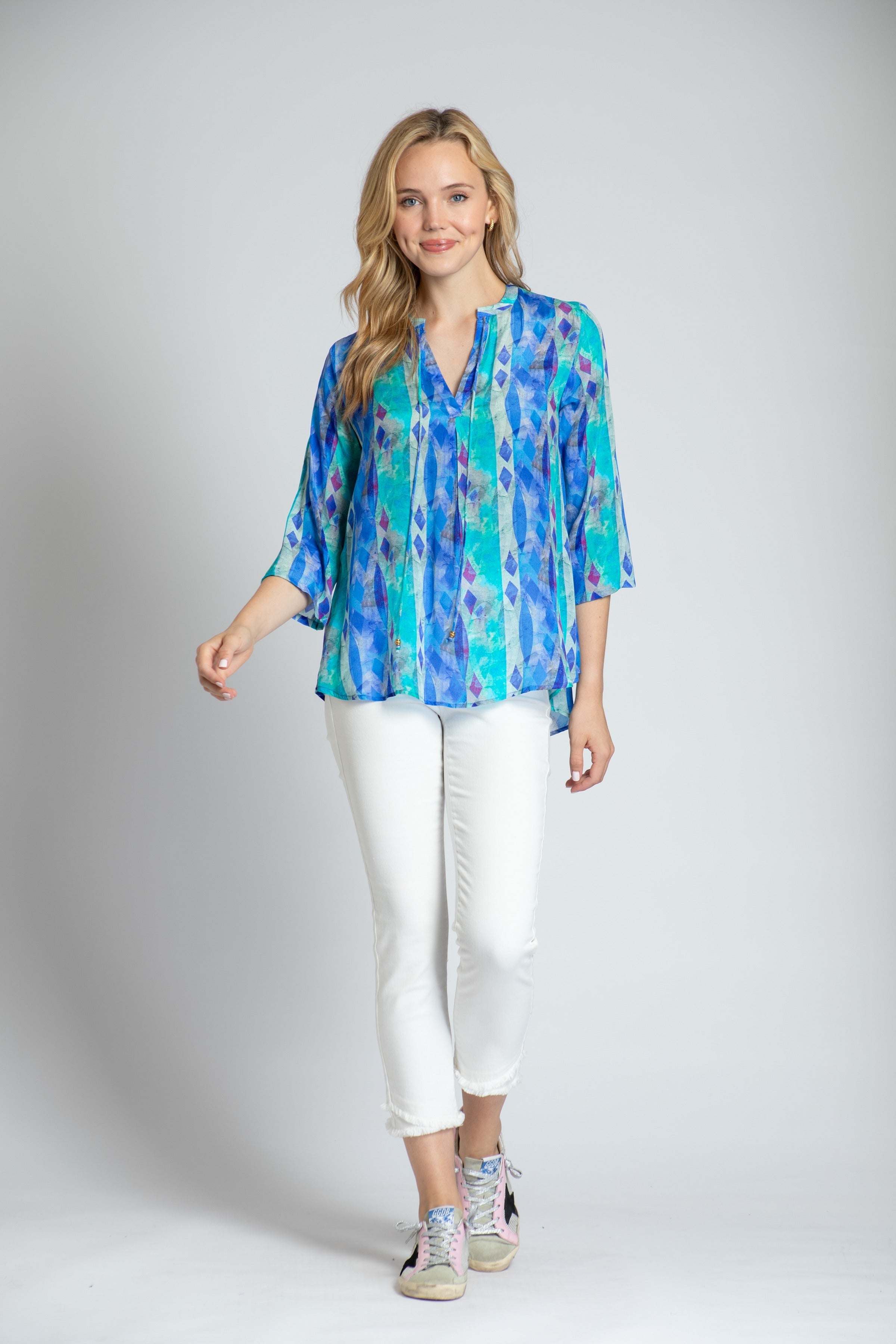 Layered Rhombus Stripe - V-neck With Tassel