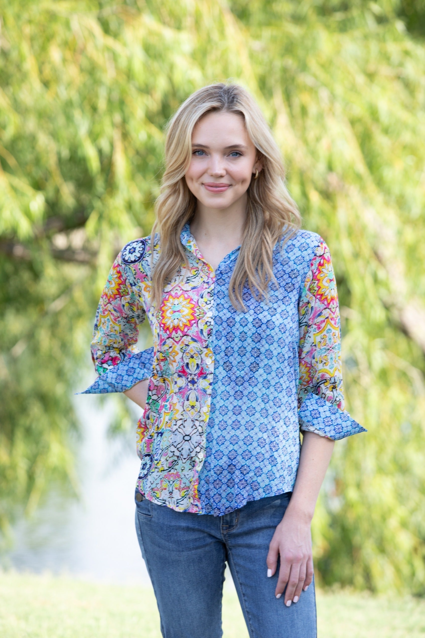 Mixed Pattern Printed Blouse - Button-up With Roll-up Sleeve