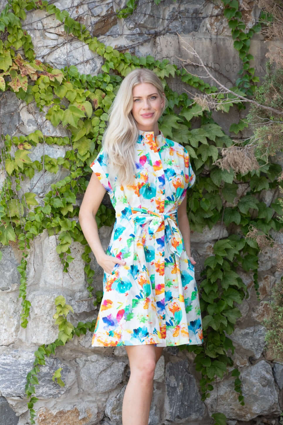 Abstract Bloom Print - Short Sleeve Shirt Dress With Self Tie