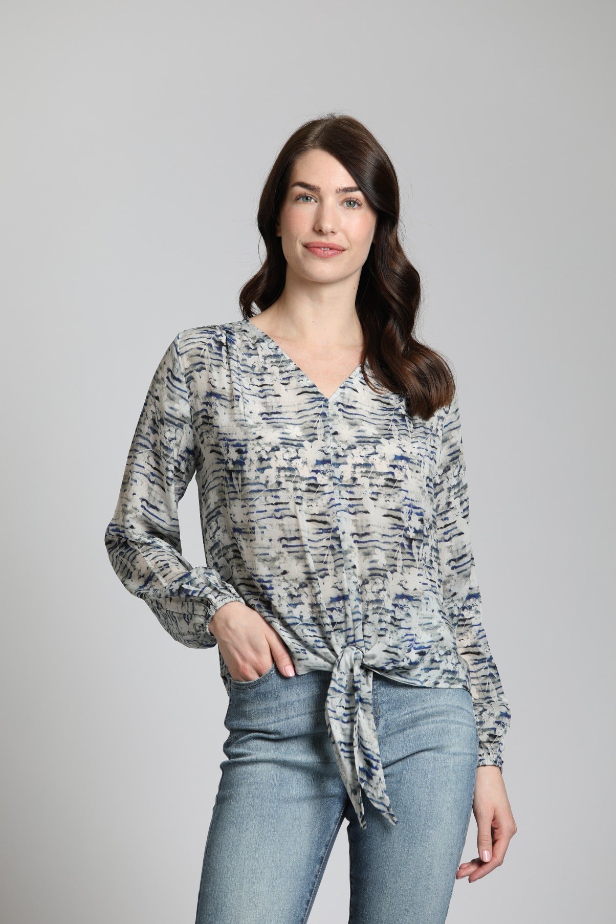  V Neck Tie Front Top With Shadow Contrast Floral Print | front side