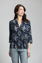 Navy Foliage Print - V Neck With Tassel | front side