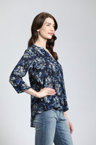 Navy Foliage Print - V Neck With Tassel | right side