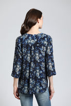 Navy Foliage Print - V Neck With Tassel | back side