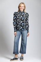 Puff Sleeve Blouse & Ruched Detail with Shades Of Bue Feather Print | front side