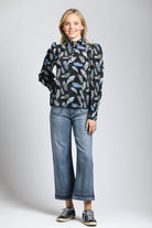 Puff Sleeve Blouse & Ruched Detail with Shades Of Bue Feather Print 