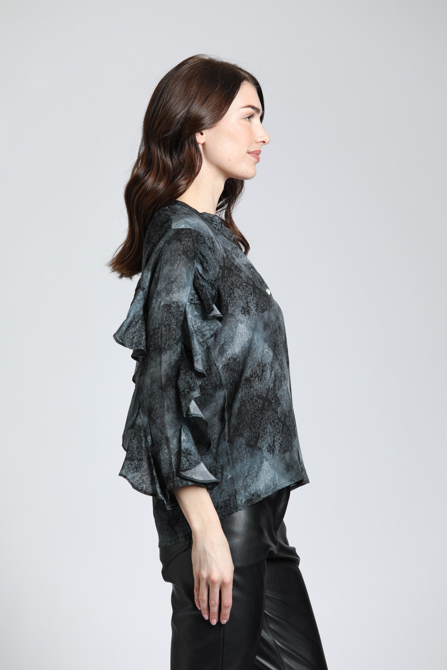 Ruffle Sleeve Split Neck Blouse with Misty Gray Ombre Print  | Right side