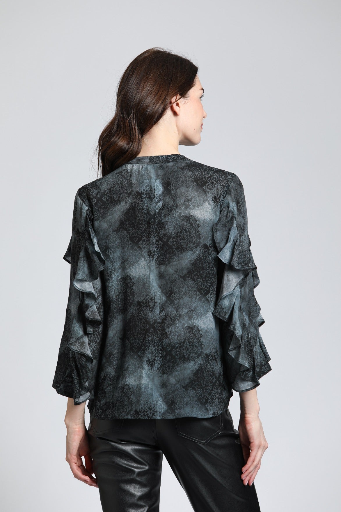 Ruffle Sleeve Split Neck Blouse with Misty Gray Ombre Print  | back side