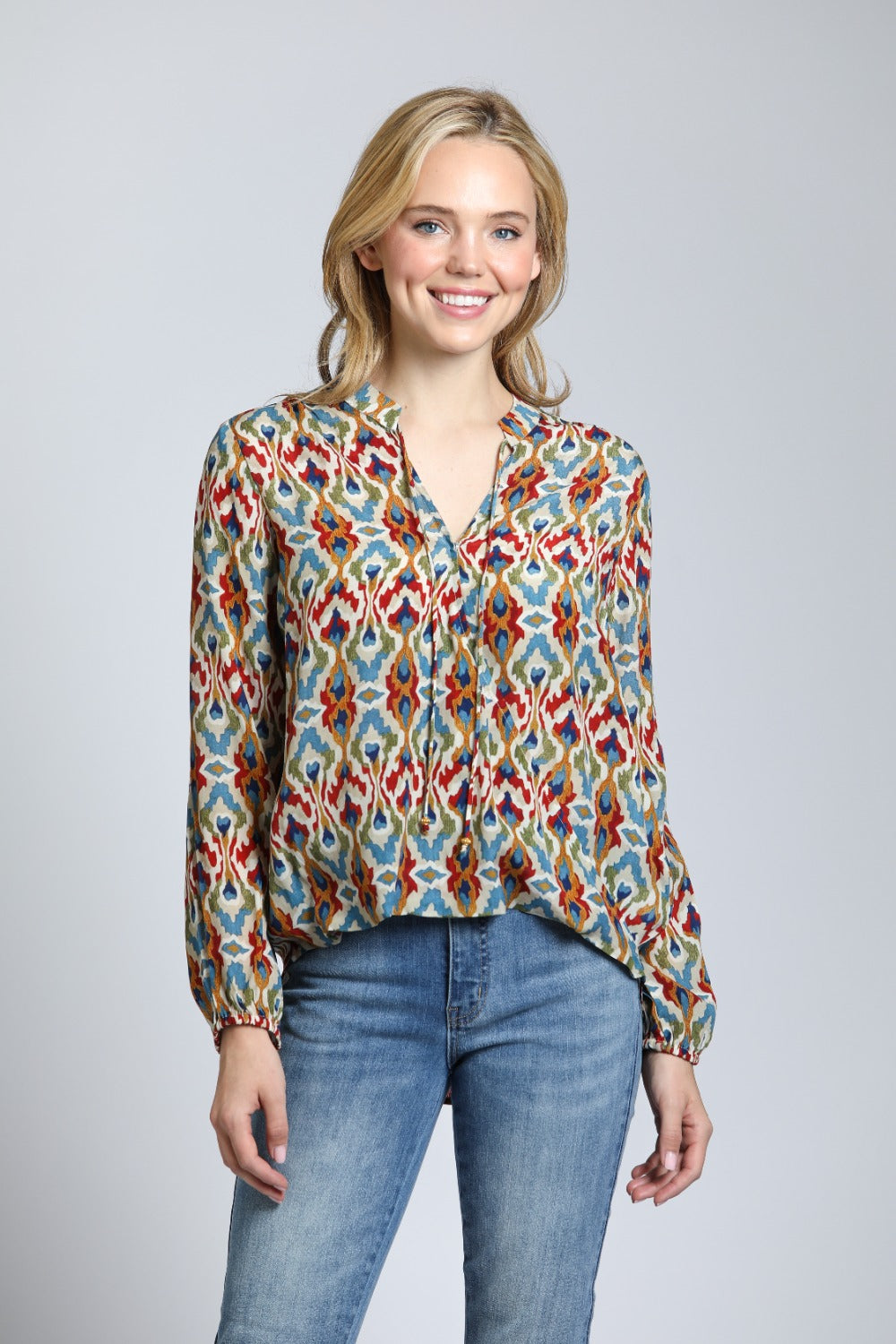 Colorful Ikat Print - Crossover Top With Tassel | front side